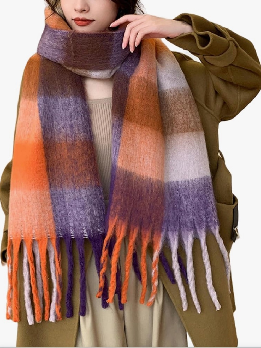 Cozy Plaid Fringe Scarf in Orange & Purple - C86